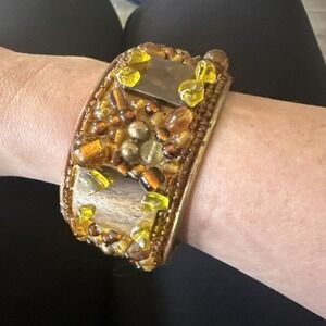 World Market‎ Chunky Crystal Wire Wrapped Cuff Bracelet Gold Brown Bronze